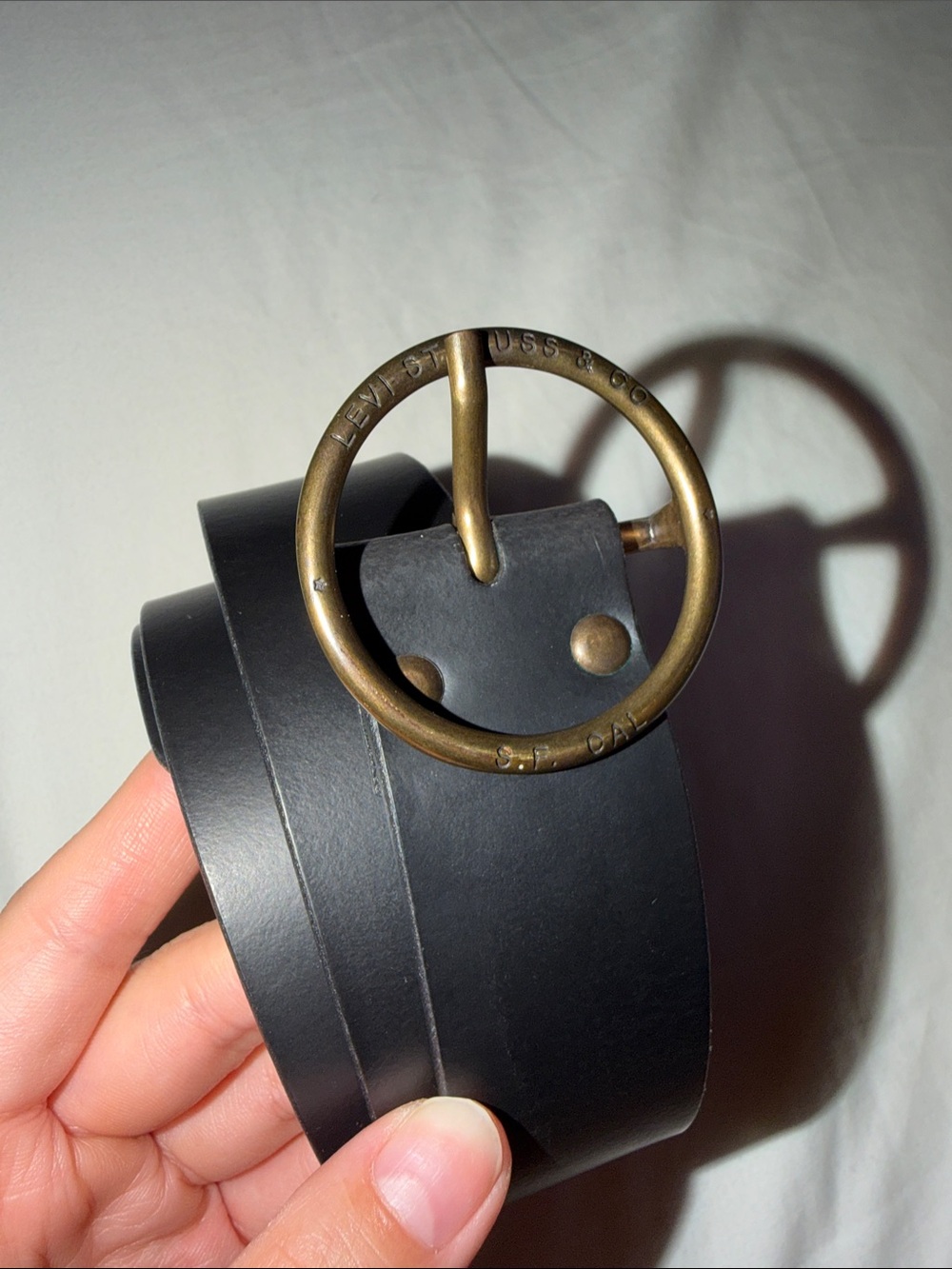 Levi's Black Leather Belt with Antique Brass Round Buckle